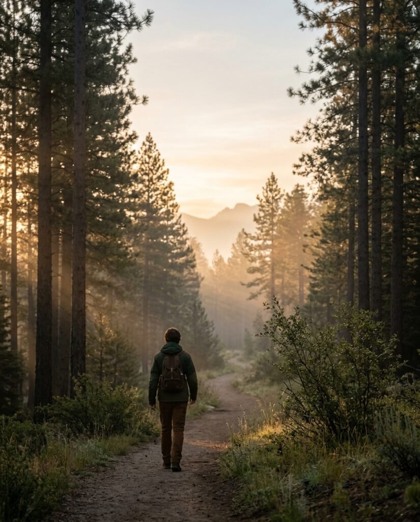 A person walking away along a trail in a pine forest at sunset, heading towards the mountains.